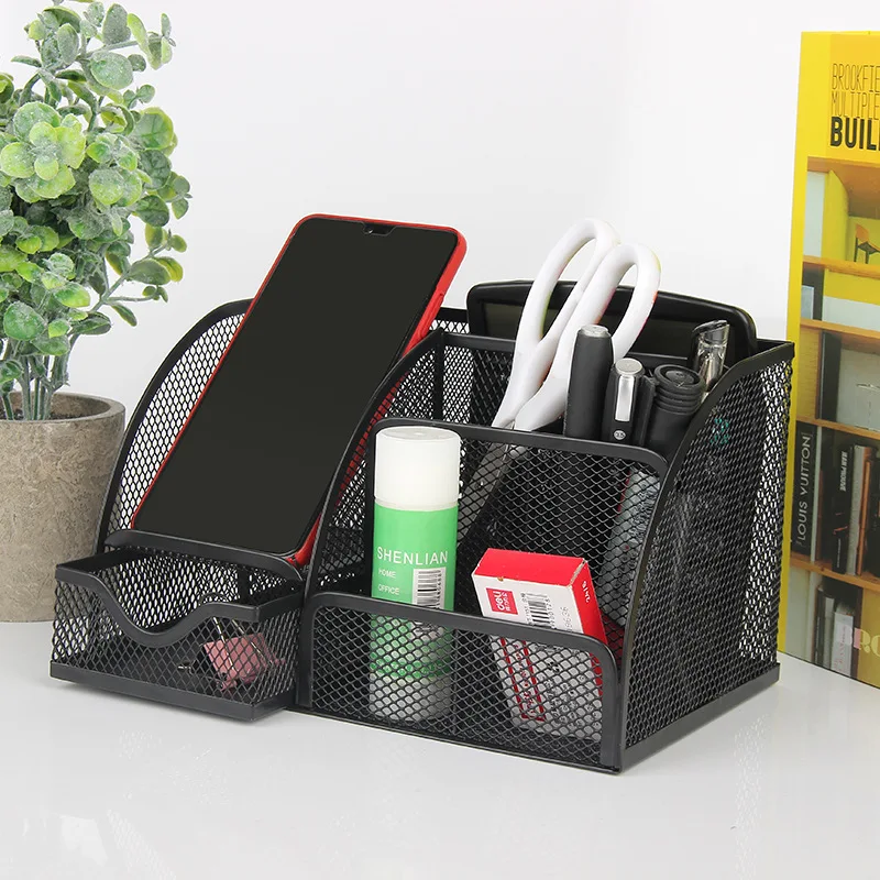 

Desk Organizer Desktop Office Organizer Storage Metal Mesh Holder Desktop Pencil Pen Sundries Badge Box Stationery Supplies