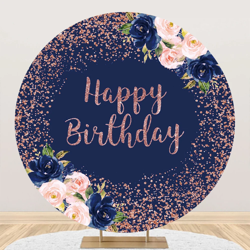 

Laeacco Glitter Happy Birthday Party Round Backdrop Cover Watercolor Floral Women Girls Customized Photography Backgrounds