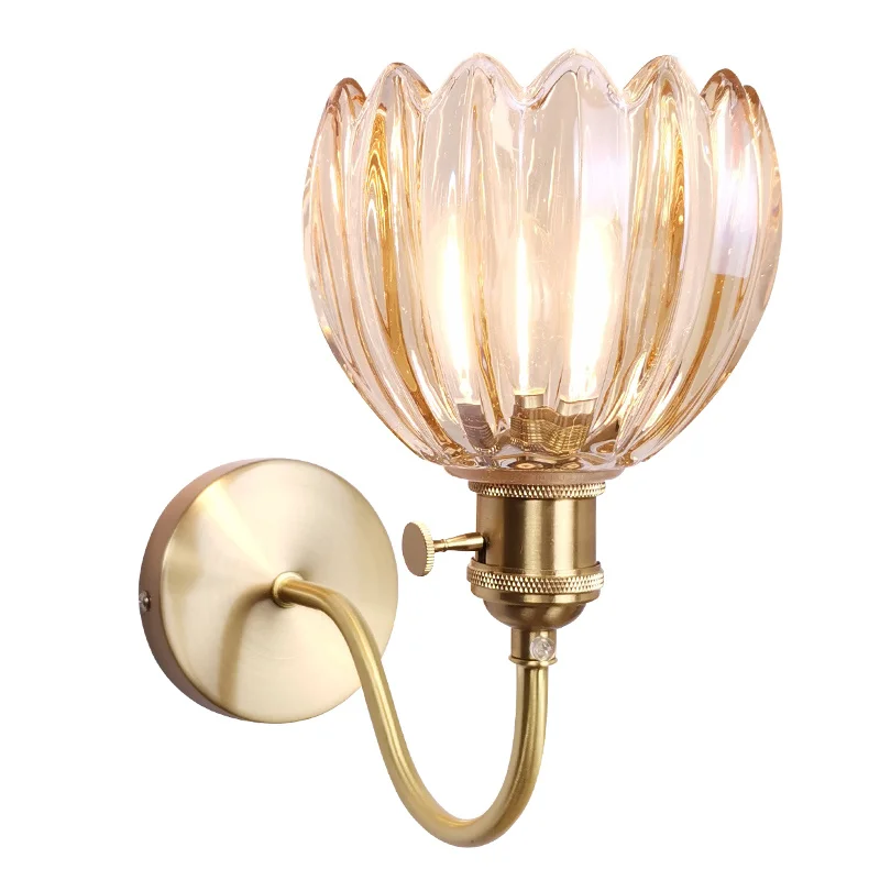 

Japan Style LED Wall Light Crystal Flower Lampshade Copper Nordic Wandlamp With Switch For Bedroom Mirror Lights Applique Murale