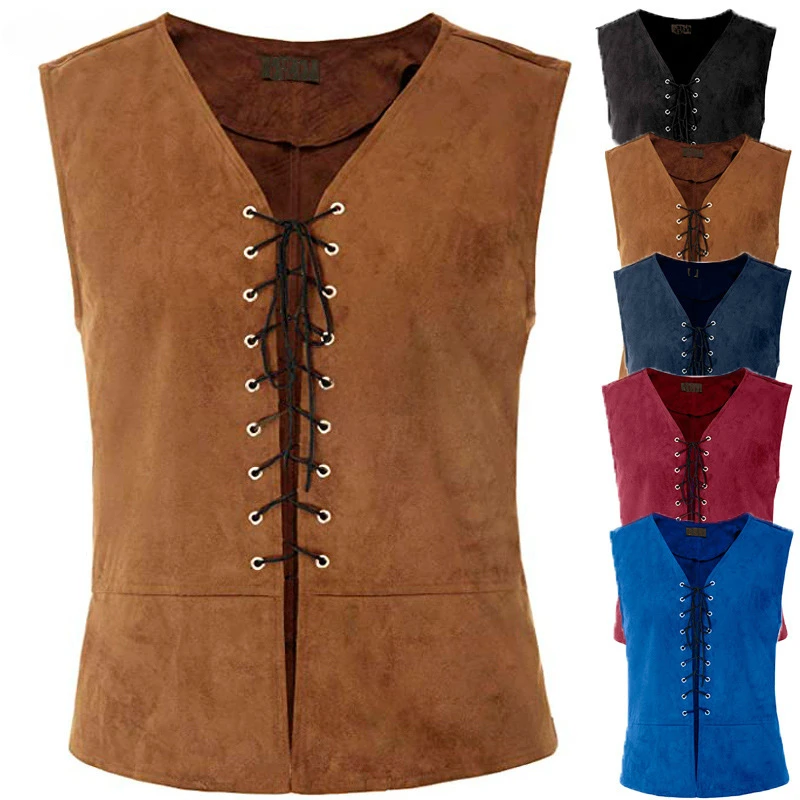 

Mens Gothic Medieval Pirate Chevalier Cosplay Black Vest 18th Century Renaissance Solid Sleeveless Waistcoats Halloween Costume