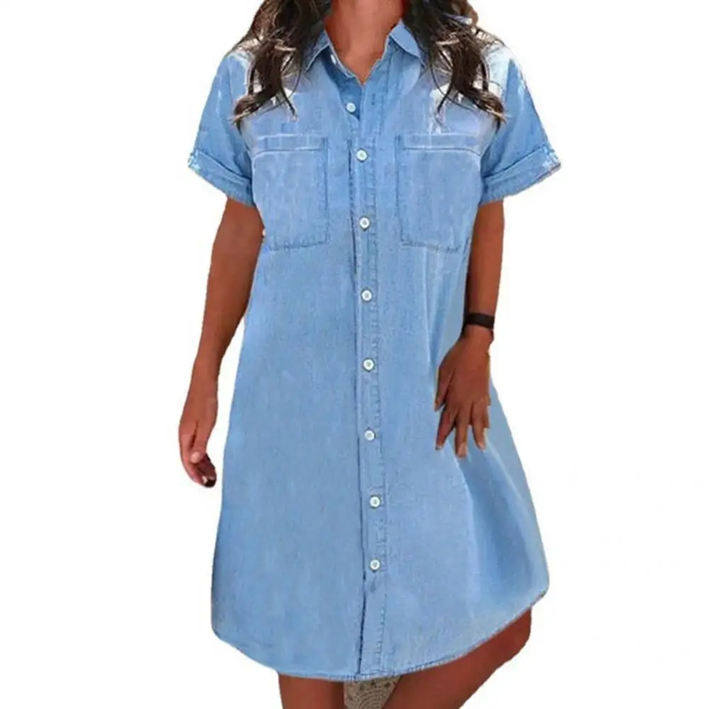 

Jean Dress Single Breasted Women Sundress Turndown Collar Knee Length Dress