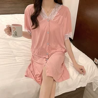 female milk silk cardigan solid nightdress sleepwear sexy lace ladies half sleeve nightgown chemise femme night shirt home wear