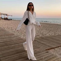 2022 spring summer european and american solid color texture loose and thin pleated casual suit two piece sets womens outifits