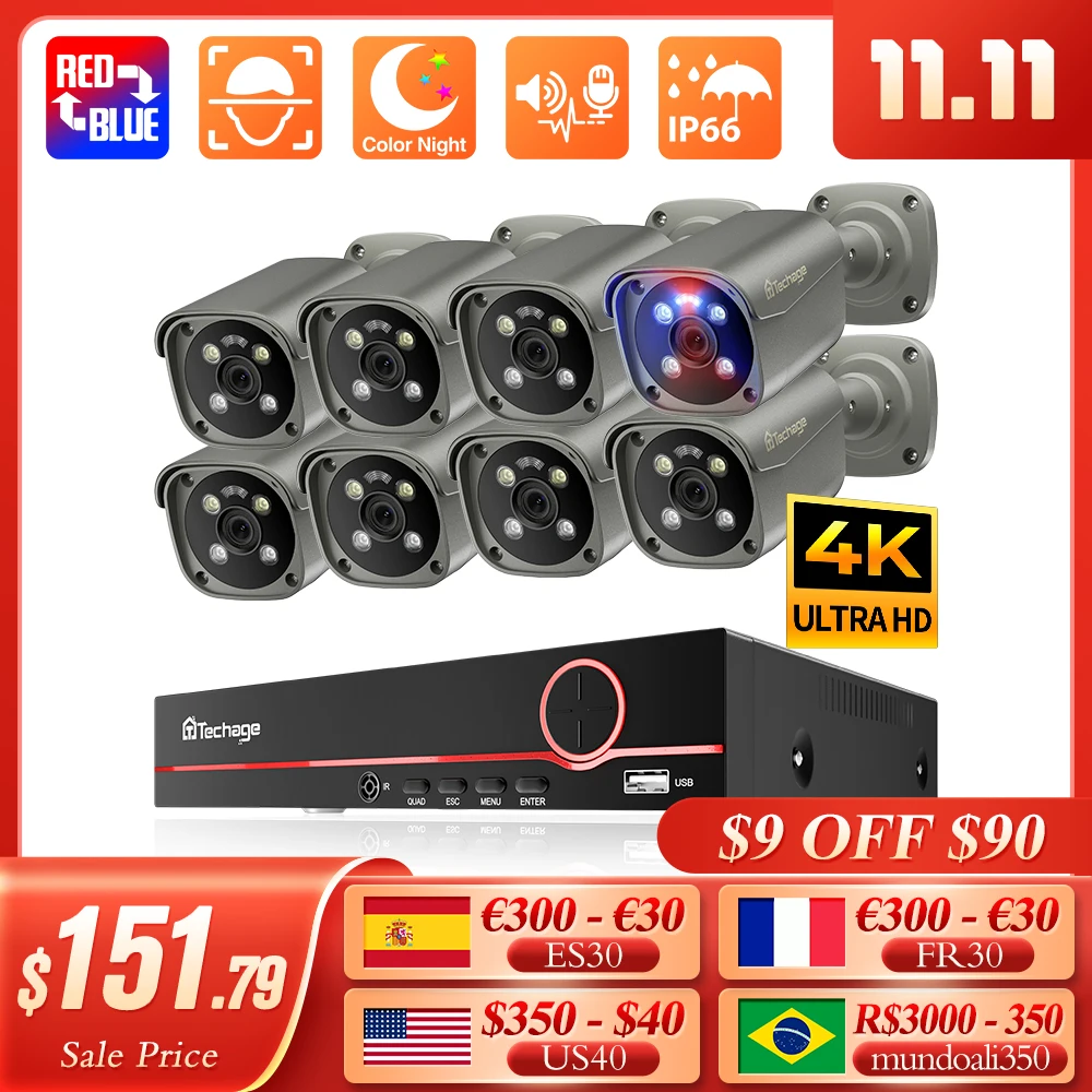 

Камера видеонаблюдения Techage Ultra HD 4K, система безопасности, 8 Мп, PoE, 8-канальный сетевой видеорегистратор, ии, распознавание лица, e-mail оповещения, двустороннее аудио