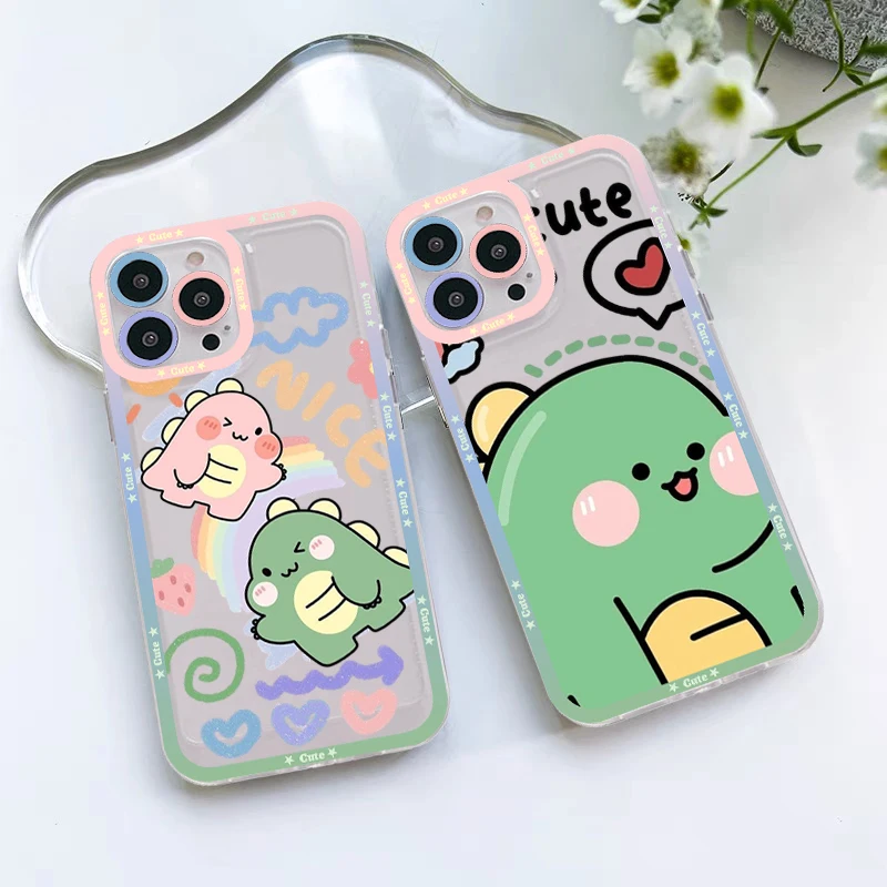 

Green Little Dinosaur Phone Case For iPhone 14 13 12 11 Pro Max Mini X Xs XR 6 7 8 Plus SE 2020 Transparent Case