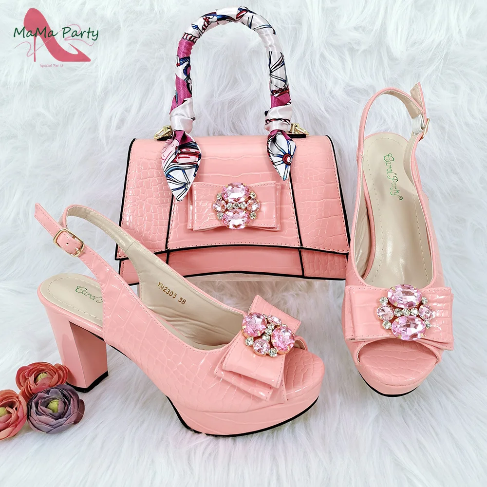 Фото 2024 New Design Sexy Style Ladies Shoes and Bag to Match in Green Color Square Heels Peep Toe Sandals for Wedding Party №3