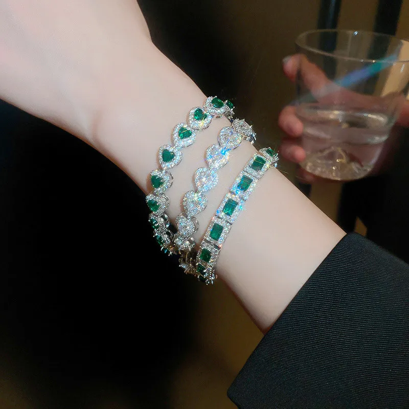 

Exquisite Luxurious Diamond Zircon Emerald Heart Bracelet Women Girls Gifts Green Chain Bracelets Jewelry Accessories Wristband