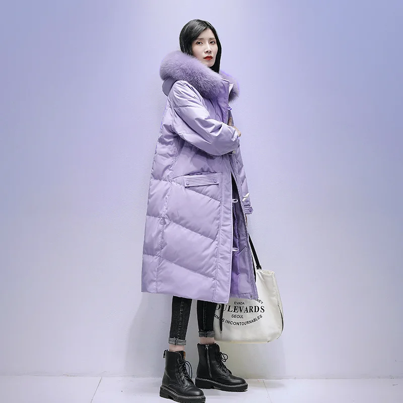 

Winter X-Long Down Jacket 2023 Women 90%White Duck Down Coat Really Natural Fox Fur Hooded Parka Warm Outerwear Streetwear