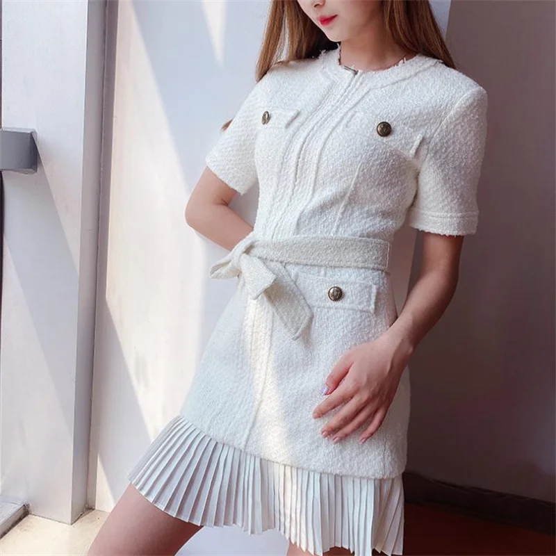 

Pleated tweed wool blend dress women splice white o neck button ol dress