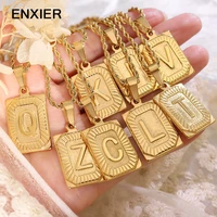 enxier initial name letter square pendant necklace for women 316l stainless steel gold color clavicle chain couple jewelry gift