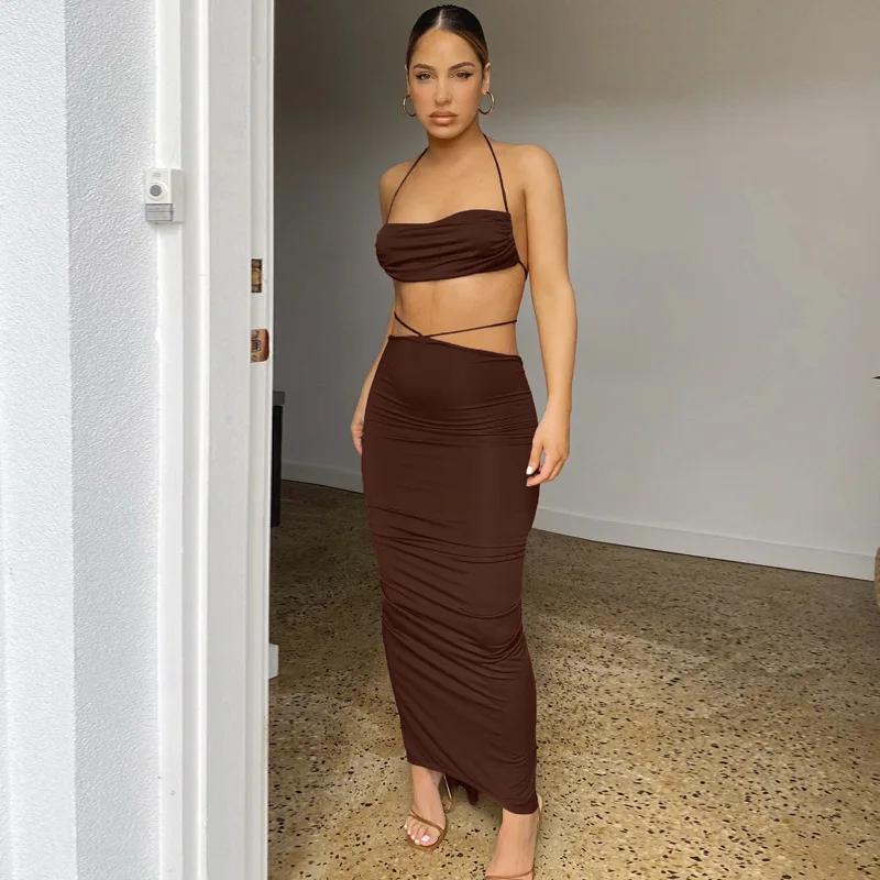 

Backless Women Halter Crop Top Midi Skirt 2 Pieces Set Sexy Ruched Bandage Dress Sets Outfits Y2K Co-Ord Sets 2022 Summer