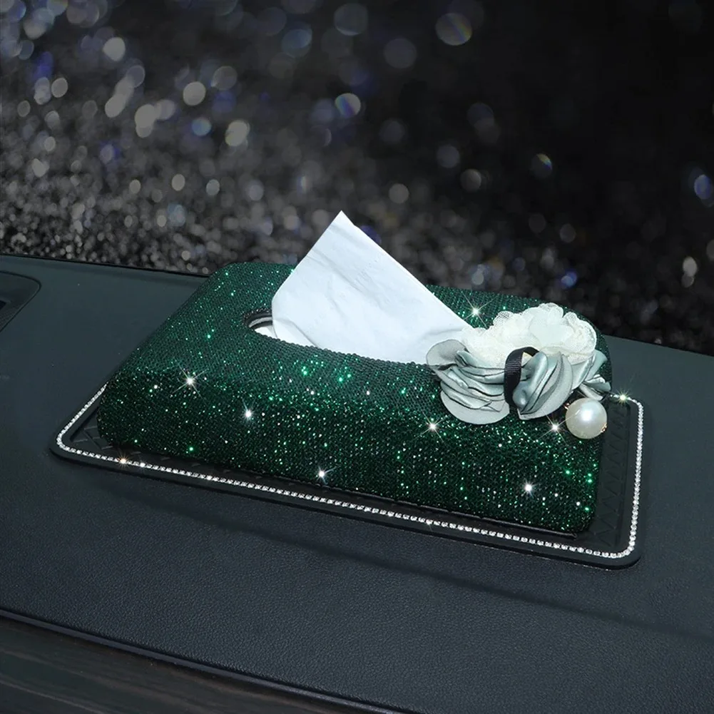 

Green Napkin Container with Glitter Diamonds Fashion Car Armrest Tissue Box Block Elegant Tissue Paper Holder Great Ornament