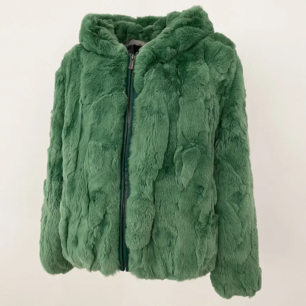 Женская куртка с капюшоном и леопардовым принтом из натурального кроличьего