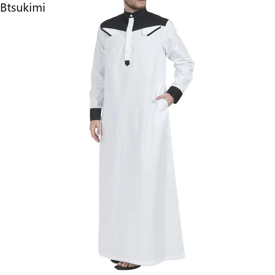 Muslim Men's Abayas Comfortable Men Kaftan Long Sleeve Contrast Color Muslim Clothing Mandarin Neck Muslim Robe for Middle East