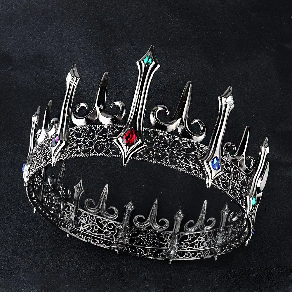 Baroque Vintage Crystal Women Queen Big Tiaras Black Crowns Royal King Crowns For Men Round Gothic Costume Hair Accessories