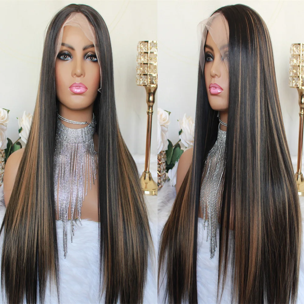 

Lace Front Synthetic Wig Brown Mixed Color Medium Split Long Straight Hair for Women HD Lace Wig Headgear