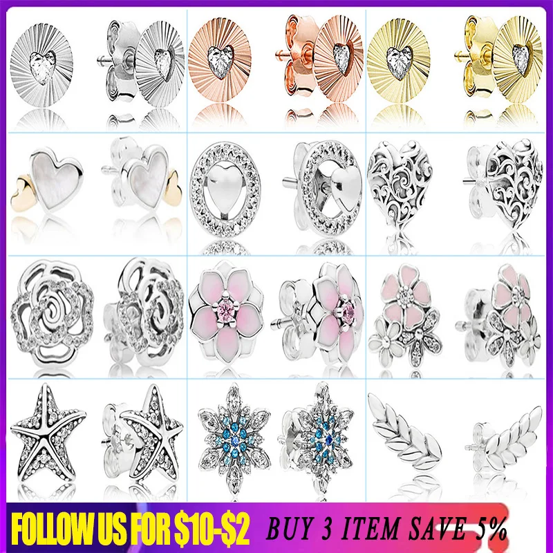 

925 Sterling Silver Stud Earrings Poetry Blossom Magnolia Flower Snowflake Heart Starfish Earring Original Female Jewelry Gifts