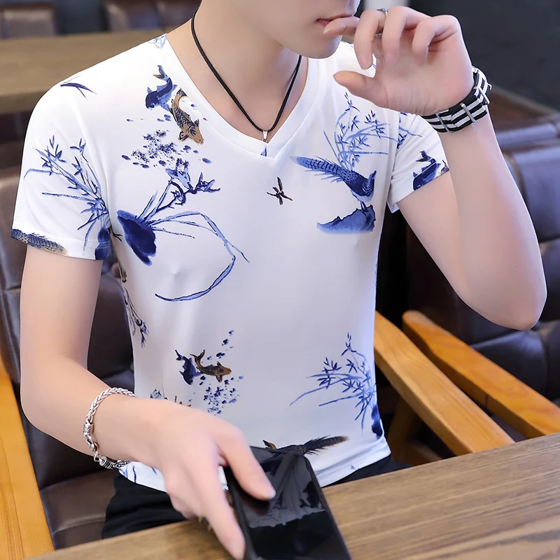 

Новинка лета 2022, футболка из вискозы с коротким рукавом и принтом, v-образный вырез, Корейская версия, молодежная облегающая футболка с рукавом до локтя