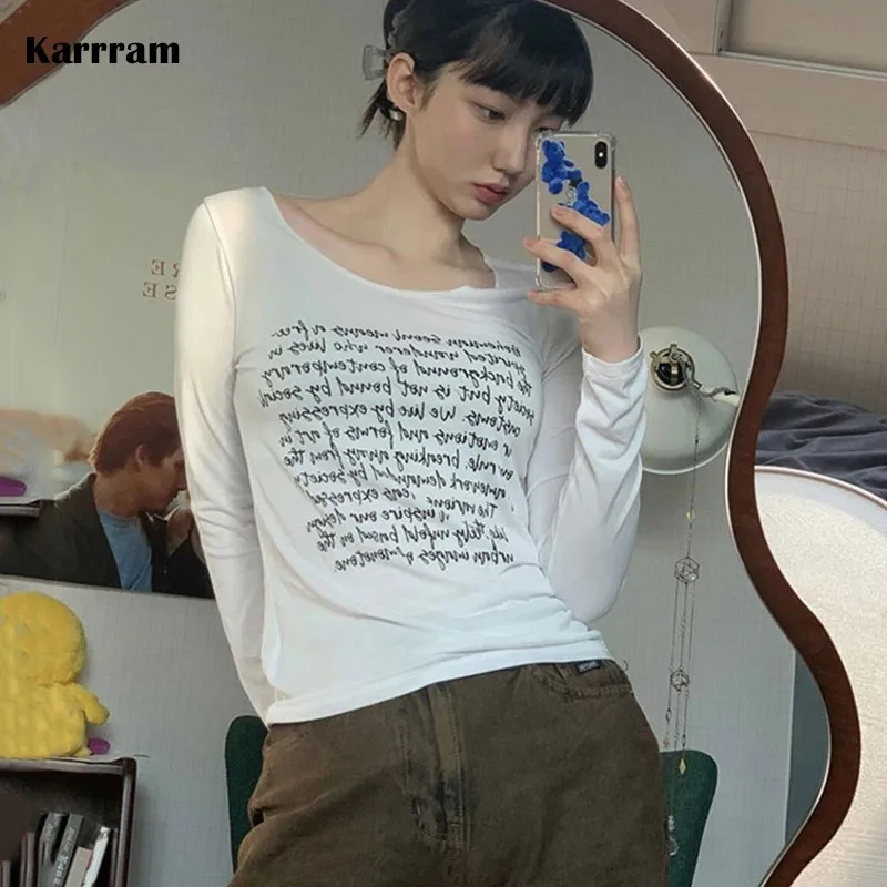 

Karrram Korean Fashion Letter Print Long Sleeve T-shirts Vintage Slash Neck Fairy Grunge T-shirt Women Spring Streetwear Tops