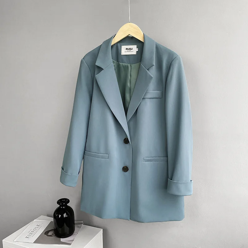 

2023 Spring Autumn Women Shoulder Pad Blazers Turn Down Collar Loose Straight Vintage Suit Coat Casual Solid Tops