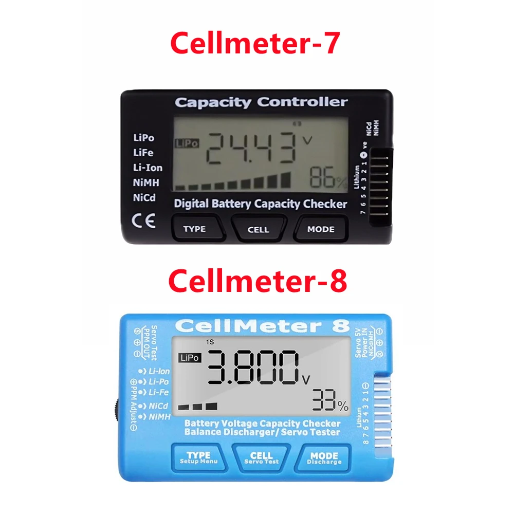 

LCD Digital Battery Capacity Checker CellMeter RC CellMeter8 2-8S 4-8S Servo LiPo Li-lon NiMH Battery Tester RC CellMeter7