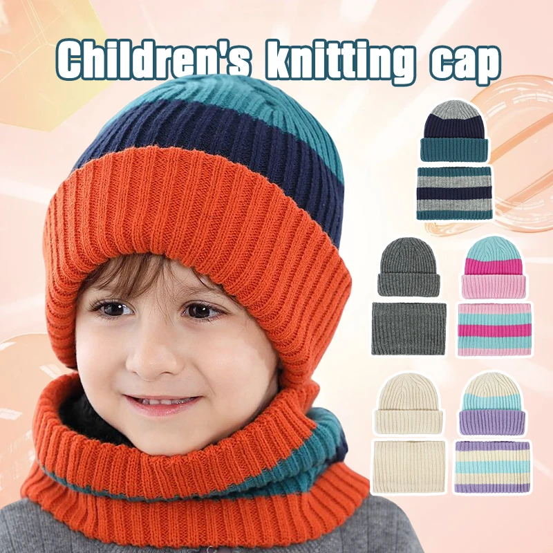 

Hot Autumn Winter Knitted Hat Scarf Boys Girls Warm Beanie Cap Toddler Warm Plush Lining Kids Caps Fashion Crochet Hat