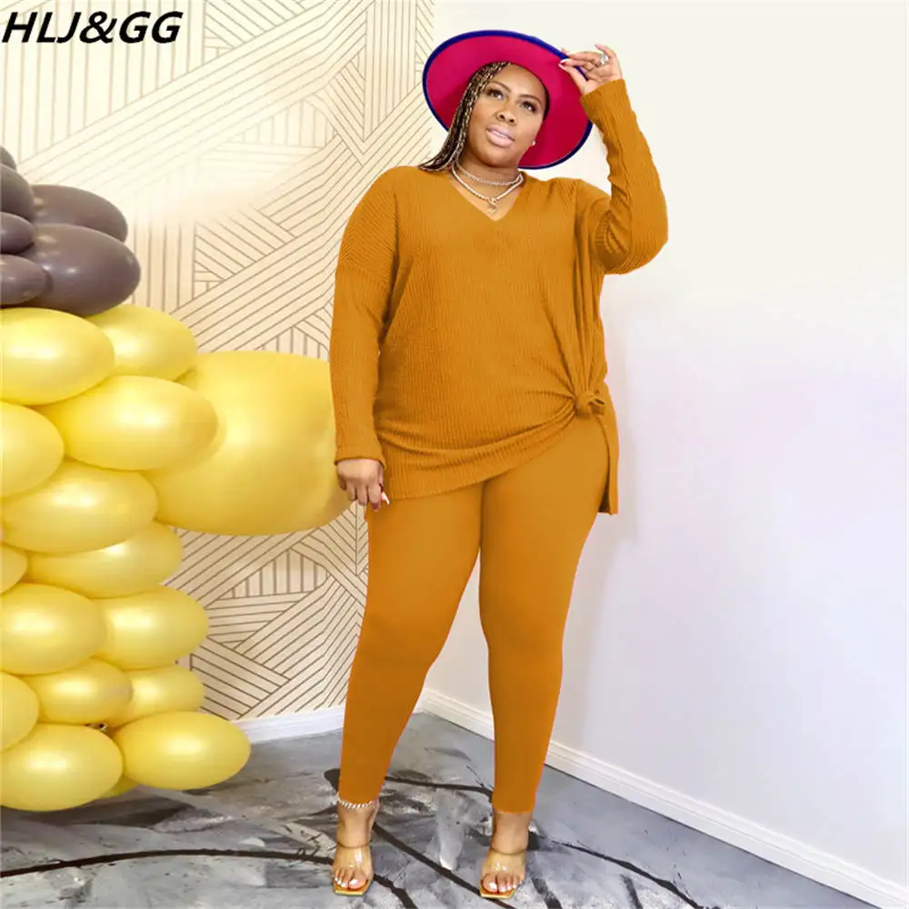 HLJ&GG Fall Winter Plus Size Tracksuits XL-5XL Women Round Neck Long Sleeve Side Slit Top And Skinny Pants Two Piece Sets Outfit
