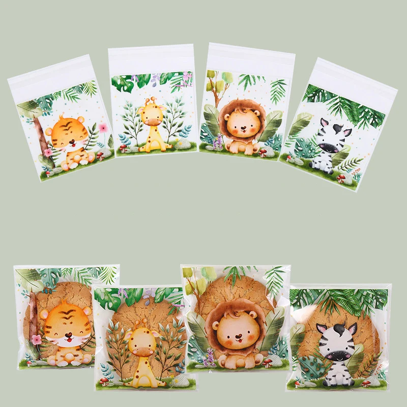 New 50Pcs/Bag Jungle Animal Self Sealing Cookie Candy Bags Wild One Safari Theme Birthday Party Decor Kids Baby Shower Gift