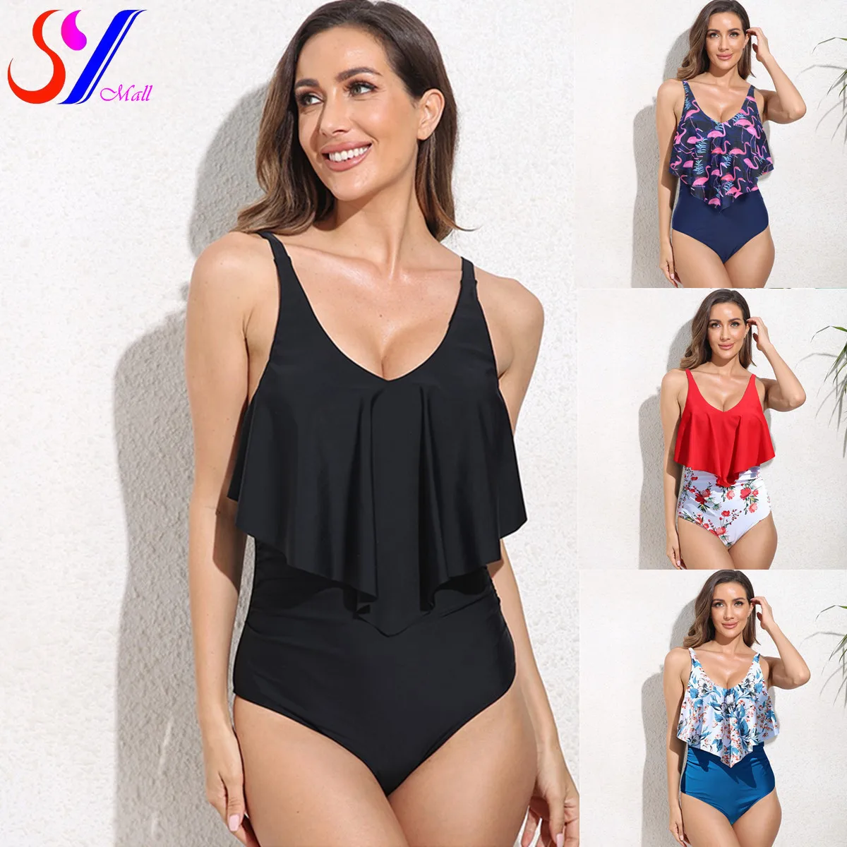 

Женские Купальники SY, бикини 2022, цельные купальные костюмы, топ с оборками и высокой талией, комплект танкини, женский купальник