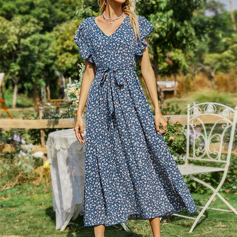 

Женское Цветочное платье с оборками на рукавах, длинное приталенное платье во французском стиле, весна-лето 2022