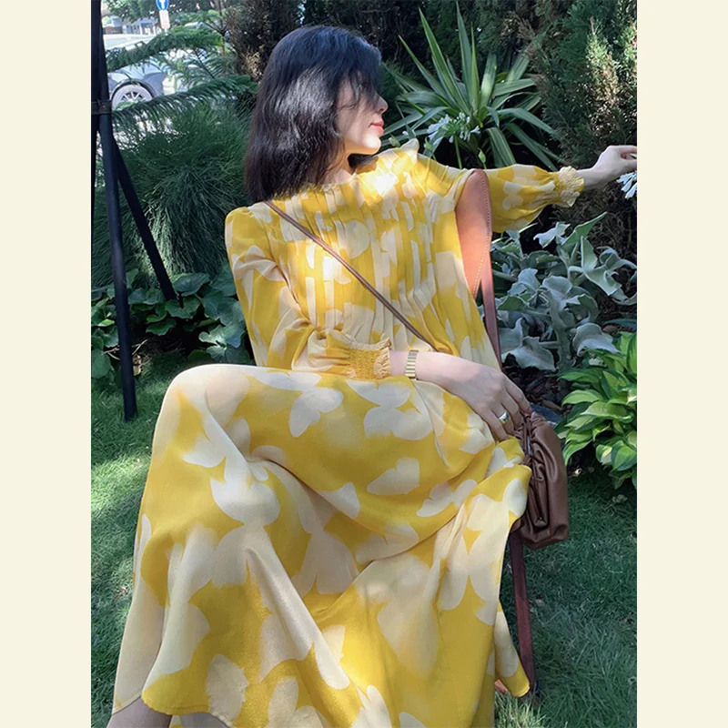 2023 Summer New Beach Holiday Skirt High Quality Yellow Printed Silk Chiffon Dress