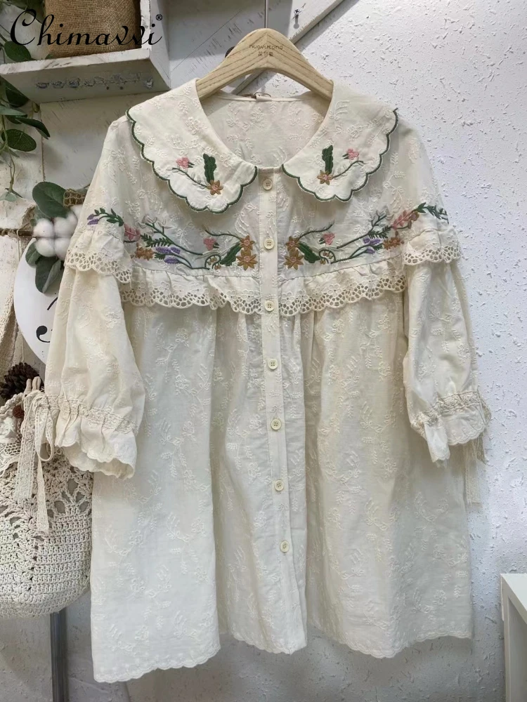 Рубашка женская с вышивкой в японском стиле блузка из хлопка цветочной