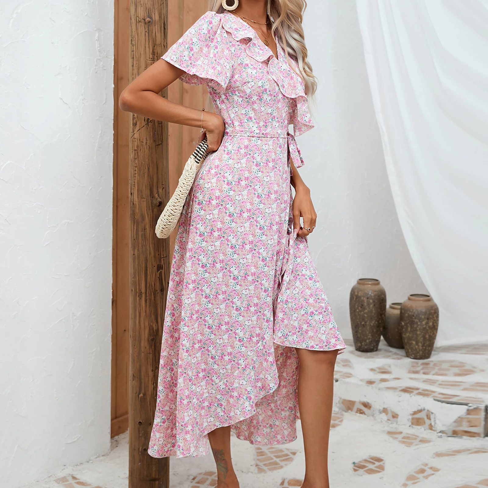 

Women Beach Long Dress Floral Printed Bohemian Casual Dress Ruffle V-Neck Fashionable Irregular Hem Lace Up Seaside Vacation