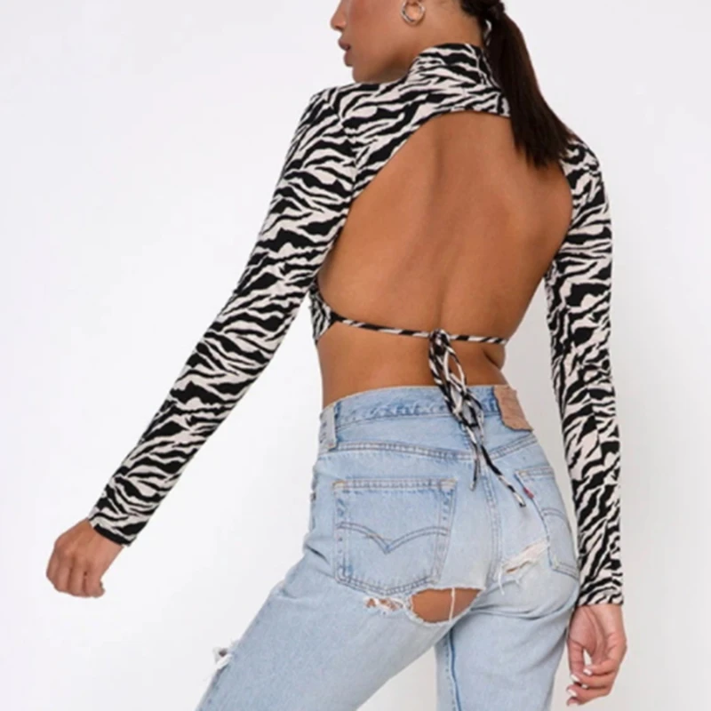 

Animal Zebra Print Backless Cropped T-Shirt Women Sexy Long Sleeve T Shirt Ladies Fashion Backless Crop Tops Tees Streetwear