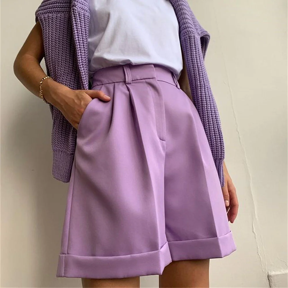 

Women Casual High Waist Wide Leg Shorts Front zipper Fly Purple High Street Elegant Pants 2022 Summer New Fashion Wear