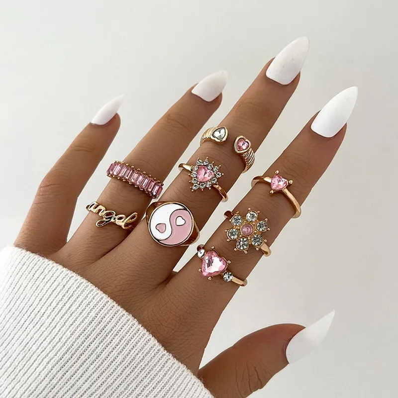 

Vintage Heart Rings Set for Women Fashion Pink Green Color Resin Flower Love Heart Ring Wholesale Jewelry Girls Gift
