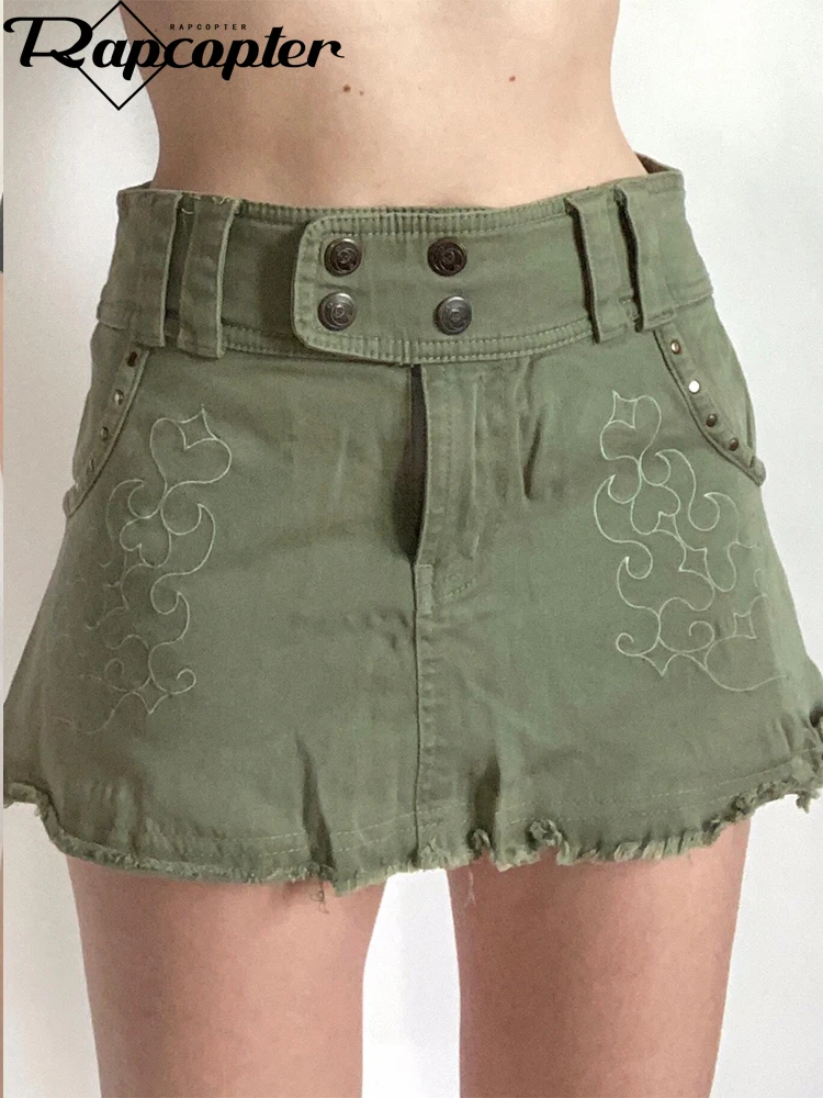 

Джинсовая юбка Rapcopter Y2K с вышивкой, зеленая мини-юбка с заниженной талией, уличная одежда, облегающая Корейская в стиле Харадзюку, на лето