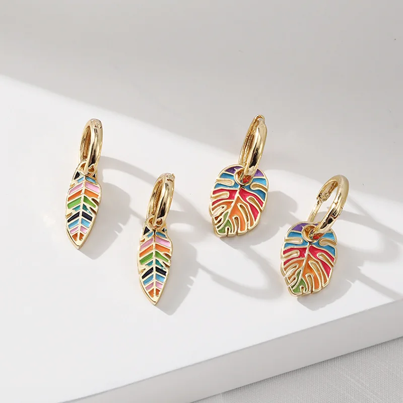 

New Enamel Green Leaf Pendant Earrings for Women Boho Gold-plated Hoop Earrings Girls Fashion Piercing Statement Jewelry