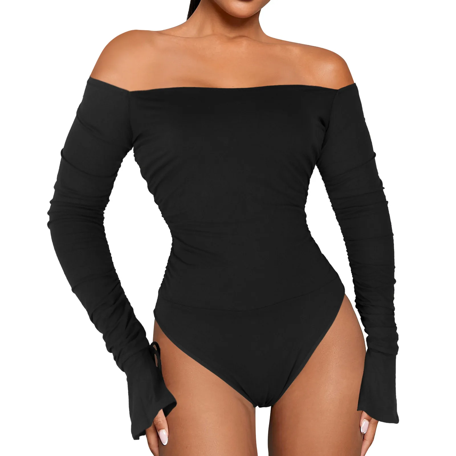 

Женский комбинезон с открытыми плечами, черный элегантный комбинезон с длинным рукавом, облегающий комбинезон в уличном стиле