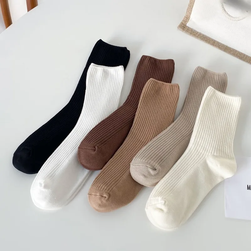 

5 Pairs New Women Tube Socks Pure Cotton Spring Autumn Ins Minimalist Style Solid Color Striped Stockings All-match Casual Socks