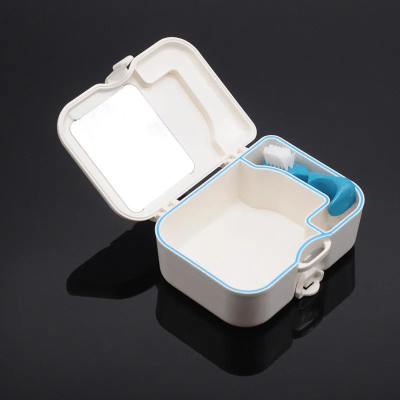 

1pc Dental Clinic Item Applianc False Teeth Storage Case with Mirror and Clean Brush Denture Bath Box Organizer