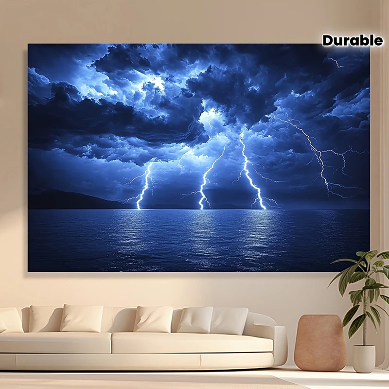 Фото Драматический настенный гобелен Lightning Storm Sea: смелый домашний декор ночной тематики для гостиной и спальни №1