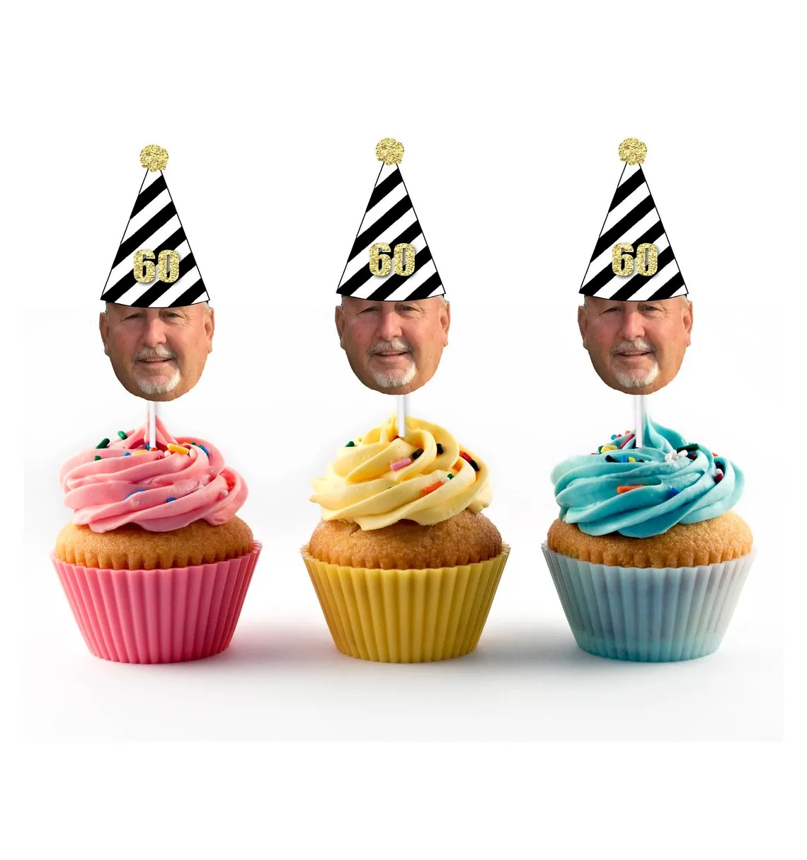Топперы для капкейков на 60-летие с лицом и шапкой день рождения (12 штук)