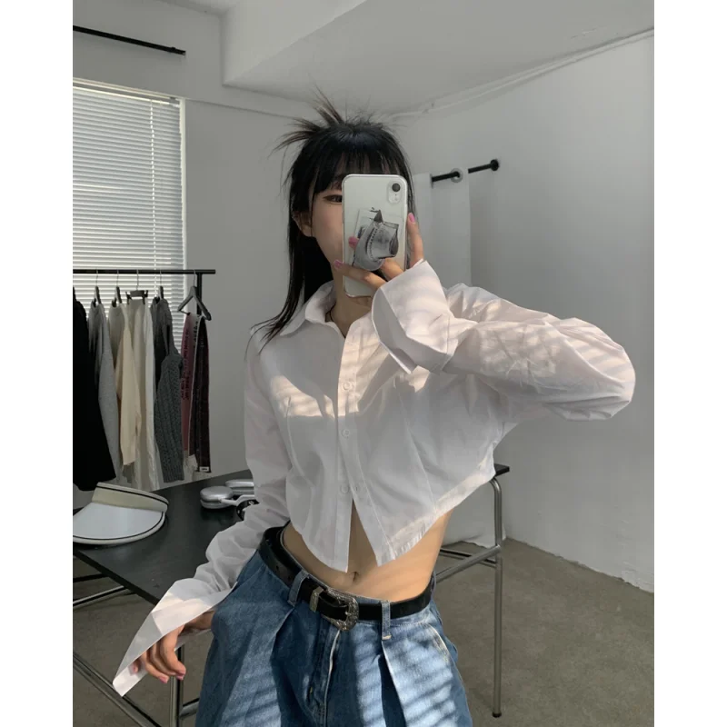 

2023 Women Shirt Spring Streetwear White Korean Fashion Vintage Female Short Long Sleeves POLO Collar Baggy Casual Blouse