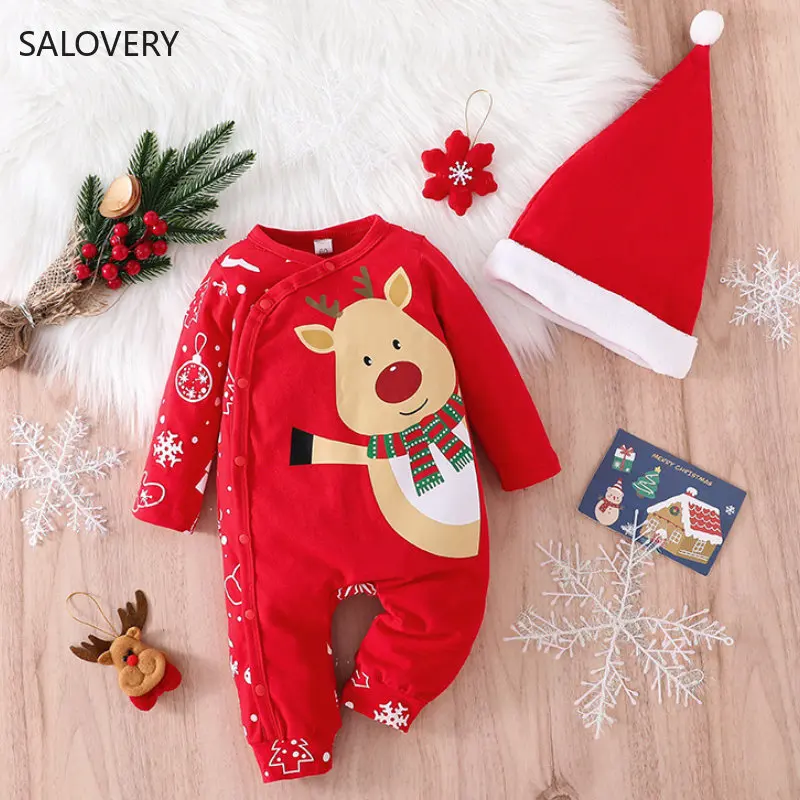 

Christmas Newborn Baby Clothes Baby Holiday Long Sleeve Onesie Climbing Clothes Hat Children's Wear Xmas Girls Romper Clothing