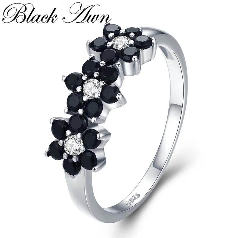 Винтажное ювелирное изделие [BLACK AWN], серебряное кольцо 2,1 Г, обручальное кольцо с черной шпинелью, для женщин и девушек, подарок C464
