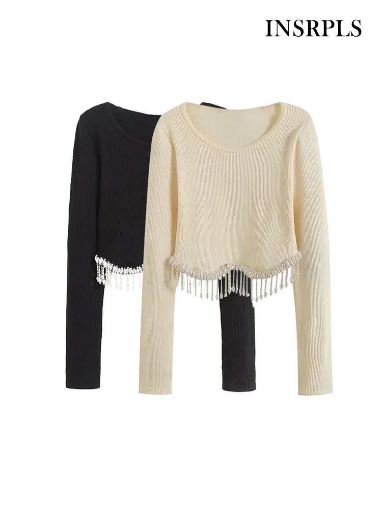 

INSRPLS Женская мода с жемчугом кисточкой трикотажный женский винтажный пуловер с круглым вырезом и длинным рукавом шикарные топы