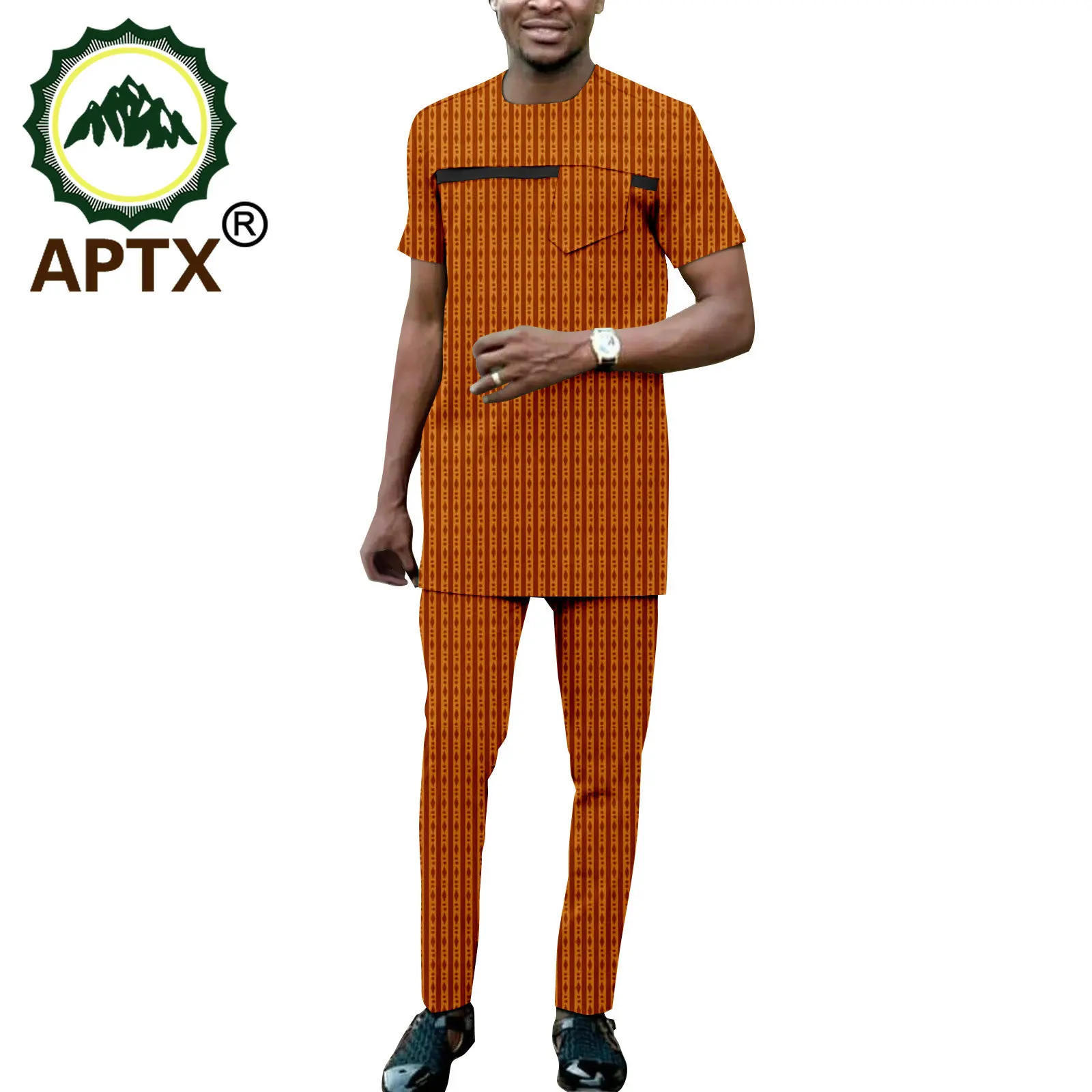 APTX African Men's Clothing Set Customized Summer Short Sleeves Top+Full Length Pants Casual Suit TA2316010