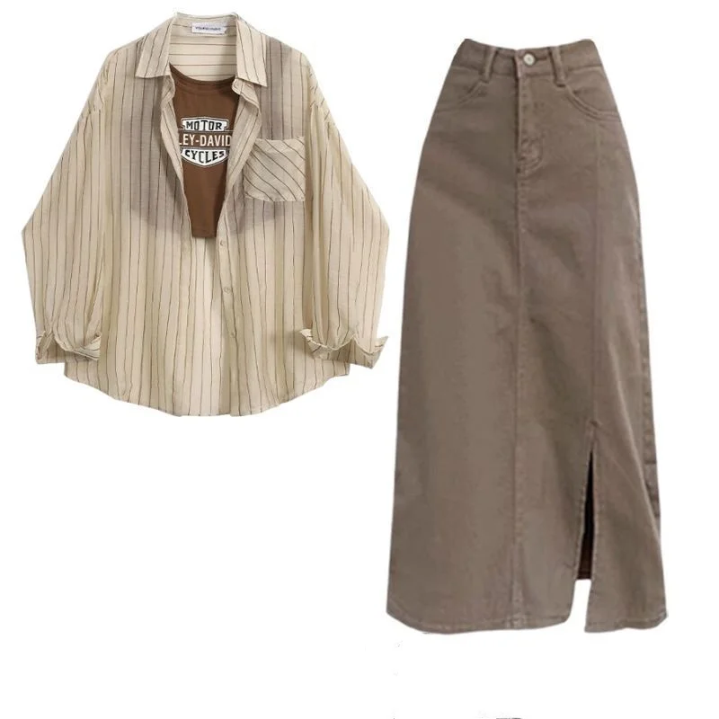 Женский Повседневный костюм Однотонная рубашка в полоску с топом и юбкой лето 2024