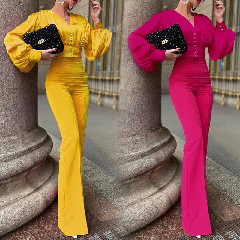 

Women's Tracksuit Lantern Long Sleeve Blouse and Flare Pants Suit Elegant Matching Two 2 Piece Set Outfits